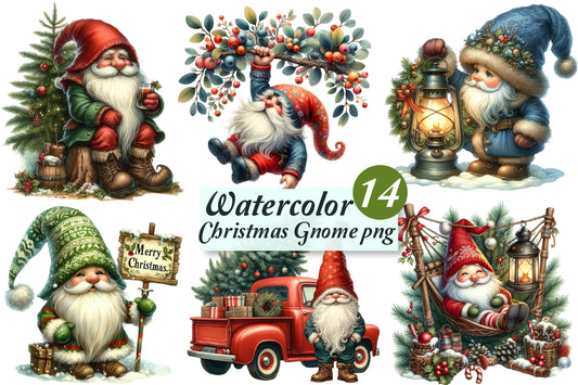 Christmas Gnome PNG Clipart Bundle | Watercolor Christmas Gnomes, Santa Gnome & Holiday Gnome Clipart