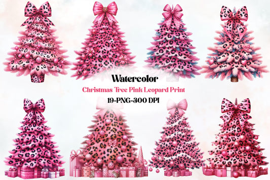 Pink Leopard Christmas Tree PNG Bundle – Watercolor Holiday Trees