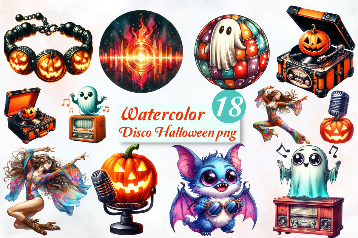 Disco Halloween PNG Bundle 18 Watercolor Retro Halloween Clipart