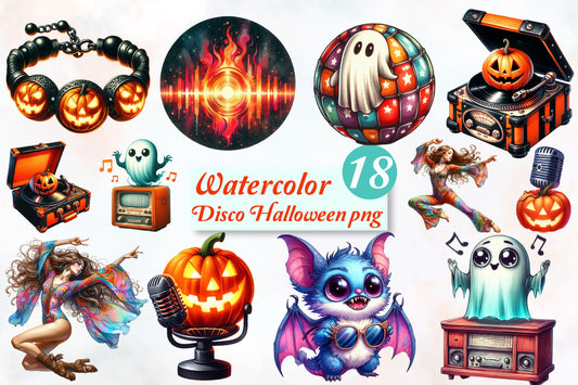 Disco Halloween PNG Bundle 18 Watercolor Retro Halloween Clipart