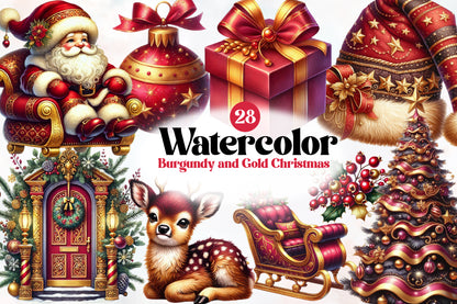 Burgundy and Gold Christmas Clipart PNG Bundle | Santa, Ornaments, Gifts, Deer & Elegant Holiday Designs