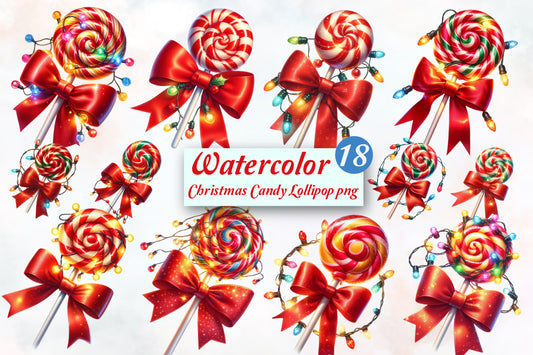 18 Christmas Candy Lollipop PNG Clipart Bundle Watercolor Red Bow Holiday