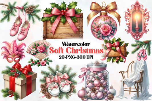 Soft Christmas Clipart PNG Bundle | Pink Christmas Bows, Ornaments, Gifts, Shoes, Floral Decor & Vintage Holiday Designs