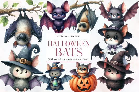 Halloween Bats Clipart PNG Bundle | Cute Bat PNG, Witch Bat Clipart, Kawaii Halloween Bat, Spooky Bat Sublimation