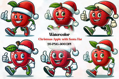 Christmas Apple PNG Clipart Bundle | Watercolor Cute Apple with Santa Hat, Funny Holiday Apple Designs