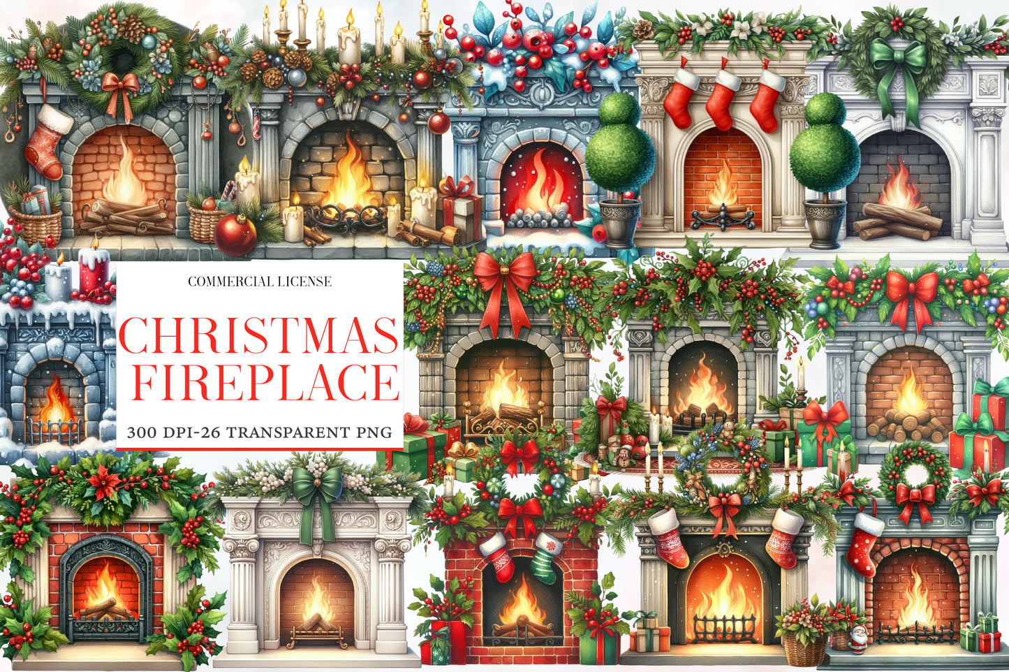 Christmas Fireplace Clipart PNG Bundle | Watercolor Cozy Christmas Fireplace Clipart | Holiday Fireplace Sublimation PNG