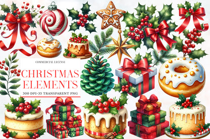 Christmas Elements Clipart PNG Bundle | Watercolor Holiday Christmas Elements | Festive Sublimation PNG