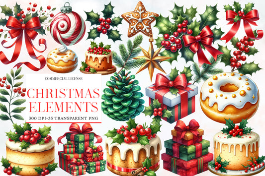 Christmas Elements Clipart PNG Bundle | Watercolor Holiday Christmas Elements | Festive Sublimation PNG