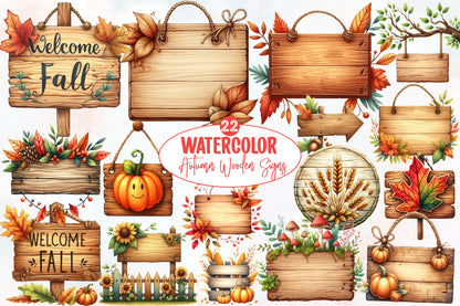 Watercolor Autumn Wooden Signs Clipart Bundle Fall Wood Sign PNG