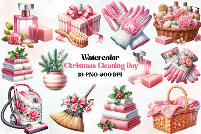19 Christmas Cleaning Day PNG Clipart Bundle Watercolor Pink Holiday Cleaning