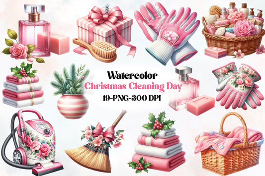 19 Christmas Cleaning Day PNG Clipart Bundle Watercolor Pink Holiday Cleaning