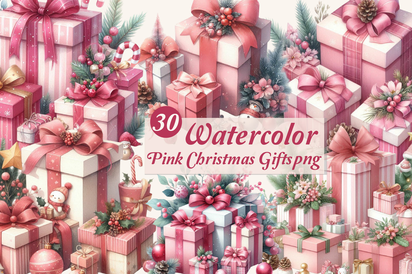 30 Watercolor Pink Christmas Gifts PNG Pink Holiday Present Clipart
