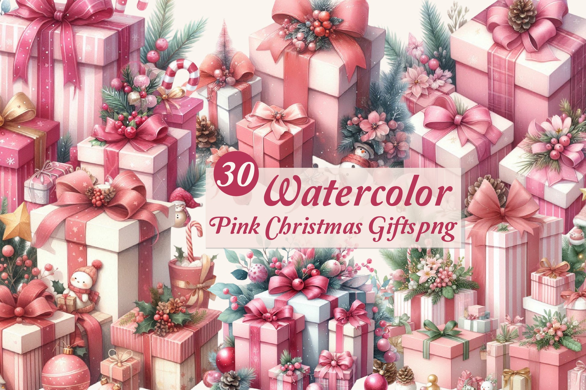 30 Watercolor Pink Christmas Gifts PNG Pink Holiday Present Clipart