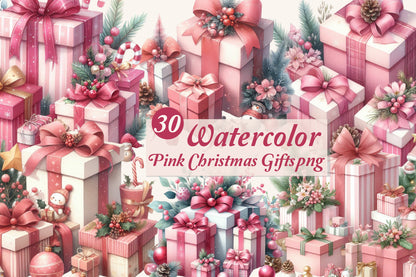 30 Watercolor Pink Christmas Gifts PNG Pink Holiday Present Clipart