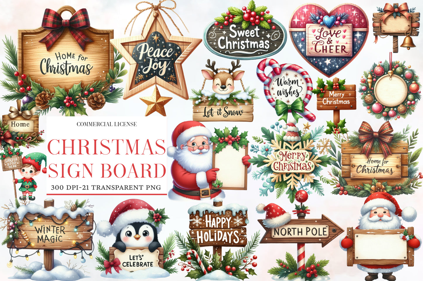 Christmas Sign Board Clipart PNG Bundle | Rustic Christmas Signs & Holiday Wood Signs | Christmas Sublimation PNG