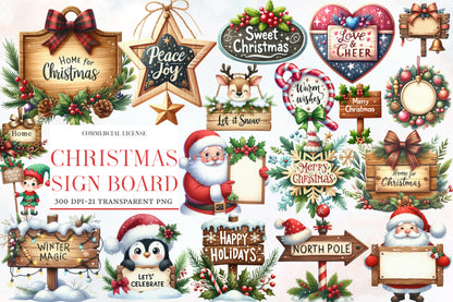 Christmas Sign Board Clipart PNG Bundle | Rustic Christmas Signs & Holiday Wood Signs | Christmas Sublimation PNG