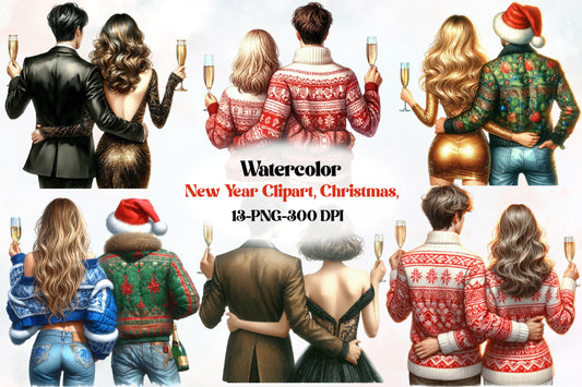 New Year Christmas PNG Bundle 18 Watercolor Celebration Clipart
