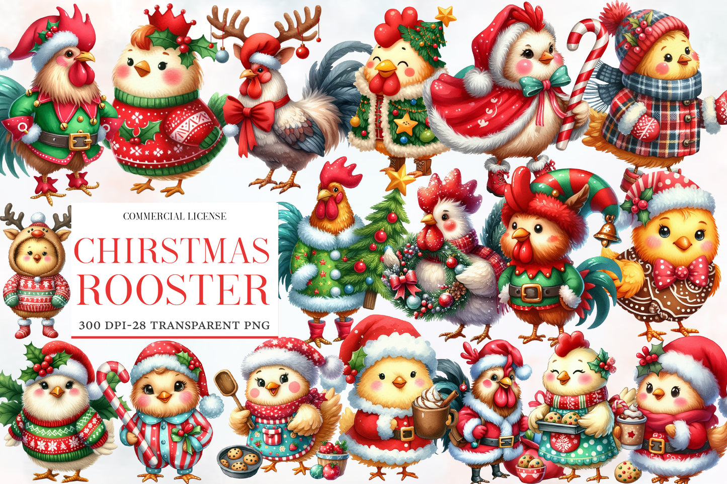 Christmas Rooster Clipart PNG Bundle | Festive Chicken, Santa Rooster, Christmas Sweater, Reindeer & Holiday Farmhouse