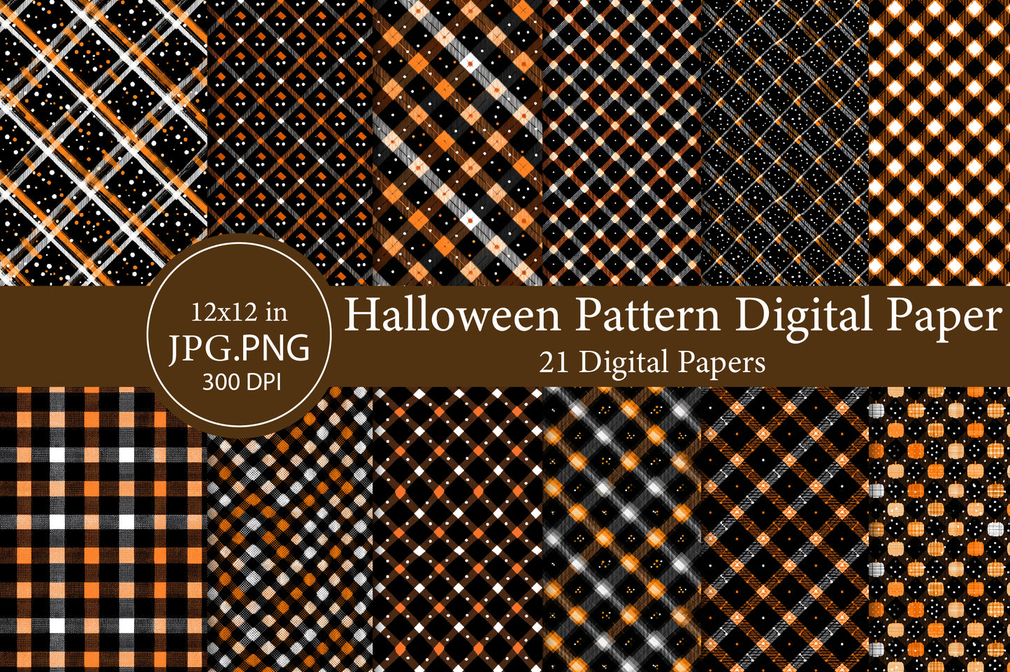 Halloween Digital Paper PNG | Black Orange Plaid Pattern, Halloween Scrapbook Paper