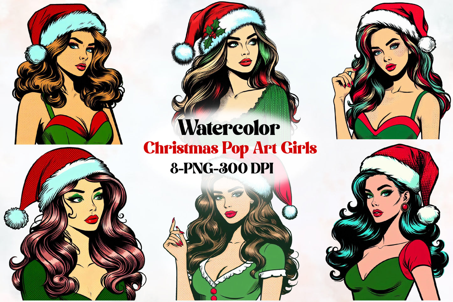 8 Christmas Pop Art Girls PNG Sublimation Bundle Retro Santa Women