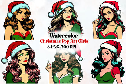 8 Christmas Pop Art Girls PNG Sublimation Bundle Retro Santa Women
