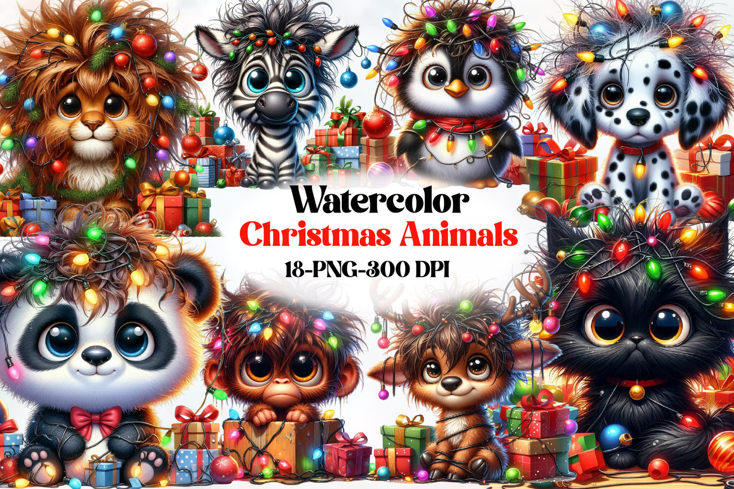 Watercolor Christmas Animals Clipart PNG Bundle | Cute Holiday Animal Christmas Lights & Gift Designs