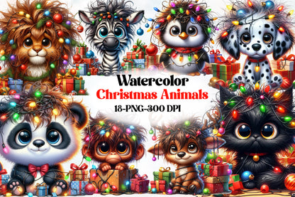 Watercolor Christmas Animals Clipart PNG Bundle | Cute Holiday Animal Christmas Lights & Gift Designs