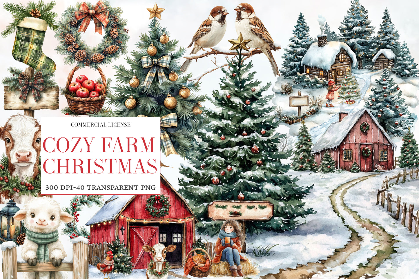 Cozy Farm Christmas Clipart PNG Bundle | Christmas Farmhouse, Snowy Barn, Christmas Tree, Cows, Sheep, Birds & Winter Farm