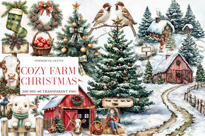 Cozy Farm Christmas Clipart PNG Bundle | Christmas Farmhouse, Snowy Barn, Christmas Tree, Cows, Sheep, Birds & Winter Farm
