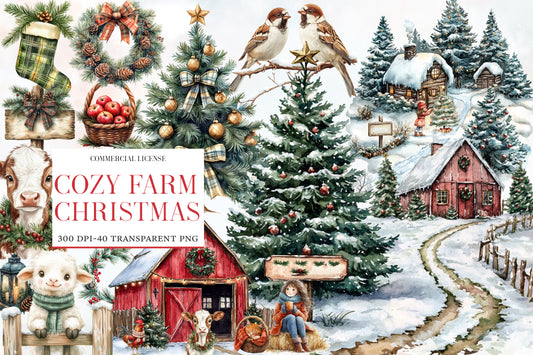 Cozy Farm Christmas Clipart PNG Bundle | Christmas Farmhouse, Snowy Barn, Christmas Tree, Cows, Sheep, Birds & Winter Farm