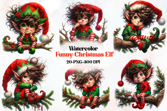 Funny Christmas Elf PNG Bundle Watercolor Santa Elf Clipart