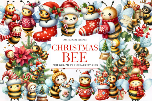 Christmas Bee Clipart PNG Bundle | Watercolor Cute Christmas Bee Clipart | Festive Holiday Bee PNG