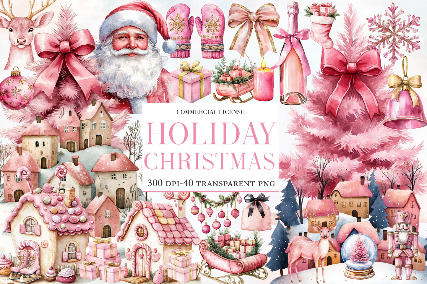 Pink Christmas Watercolor Clipart PNG Bundle | Holiday Christmas Pink Clipart | Cute Winter Christmas Sublimation PNG