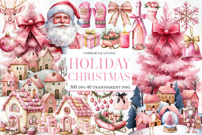 Pink Christmas Watercolor Clipart PNG Bundle | Holiday Christmas Pink Clipart | Cute Winter Christmas Sublimation PNG