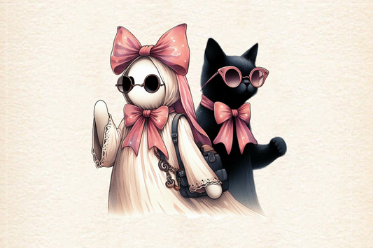 Cute Halloween Ghost Cat PNG Pink Bow Spooky Girl Clipart