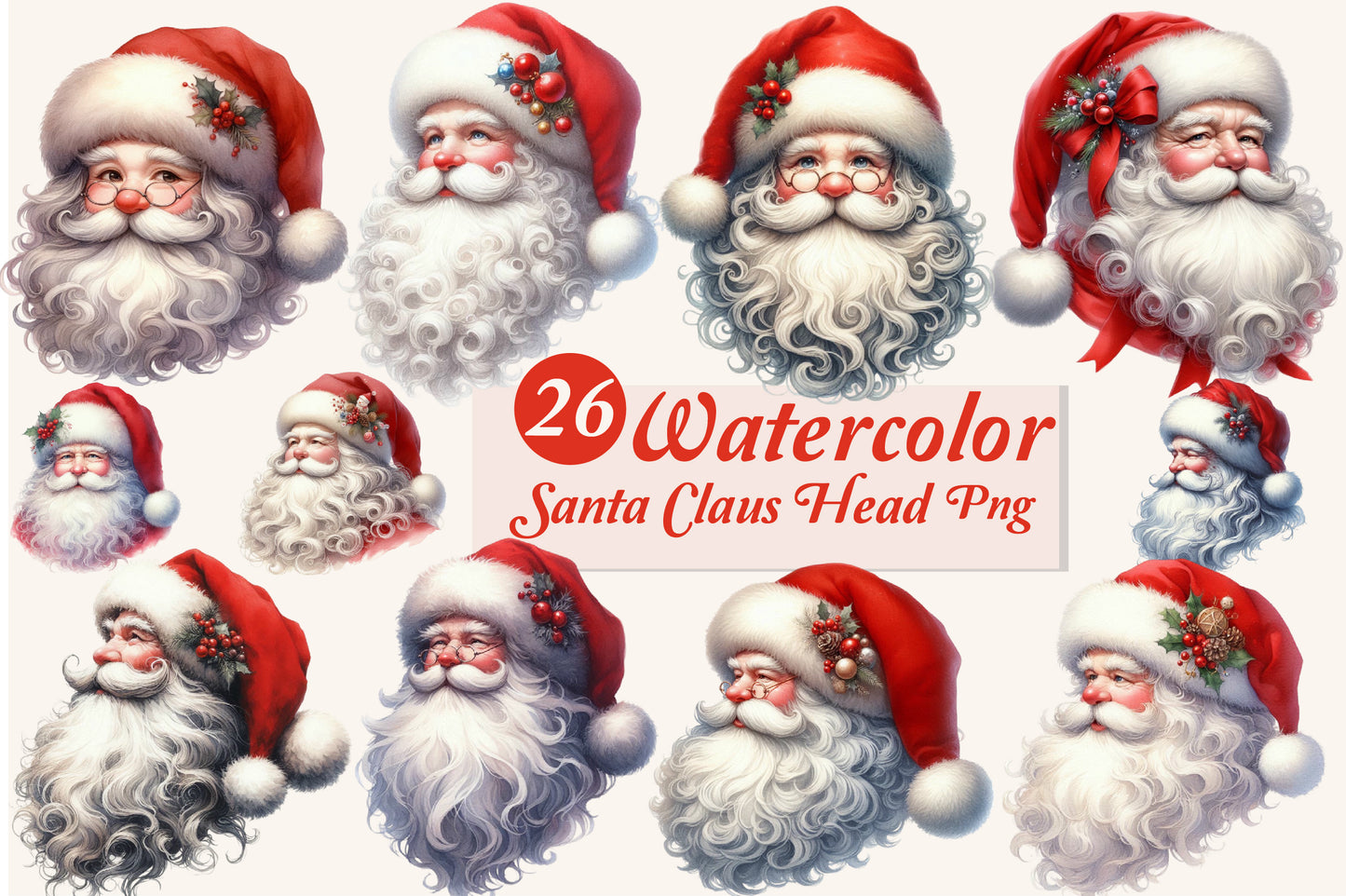 26 Watercolor Santa Claus Head PNG Clipart Bundle Christmas