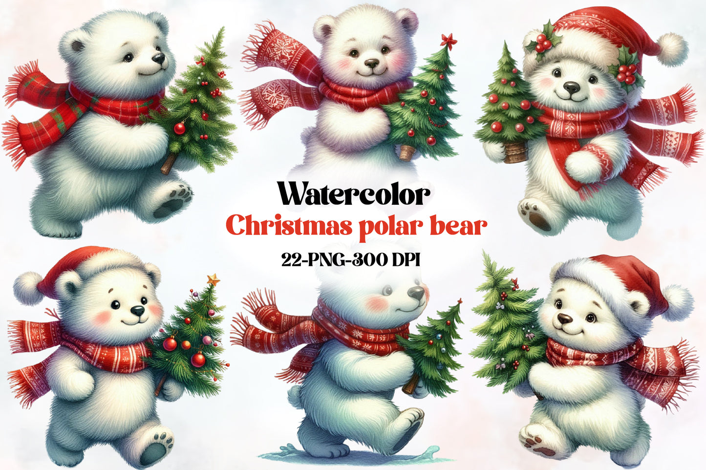 Watercolor Christmas Polar Bear Clipart PNG Bundle | Cute Polar Bear Christmas Tree