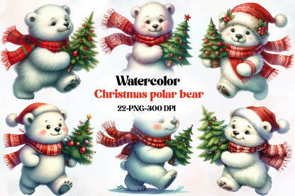 Watercolor Christmas Polar Bear Clipart PNG Bundle | Cute Polar Bear Christmas Tree