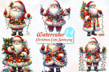 Cute Christmas Santa PNG Bundle Watercolor Holiday Clipart 14 Designs