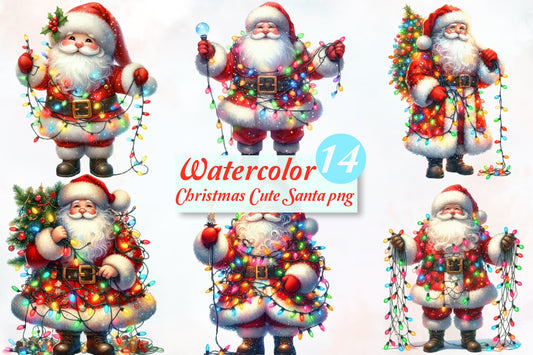 Cute Christmas Santa PNG Bundle Watercolor Holiday Clipart 14 Designs