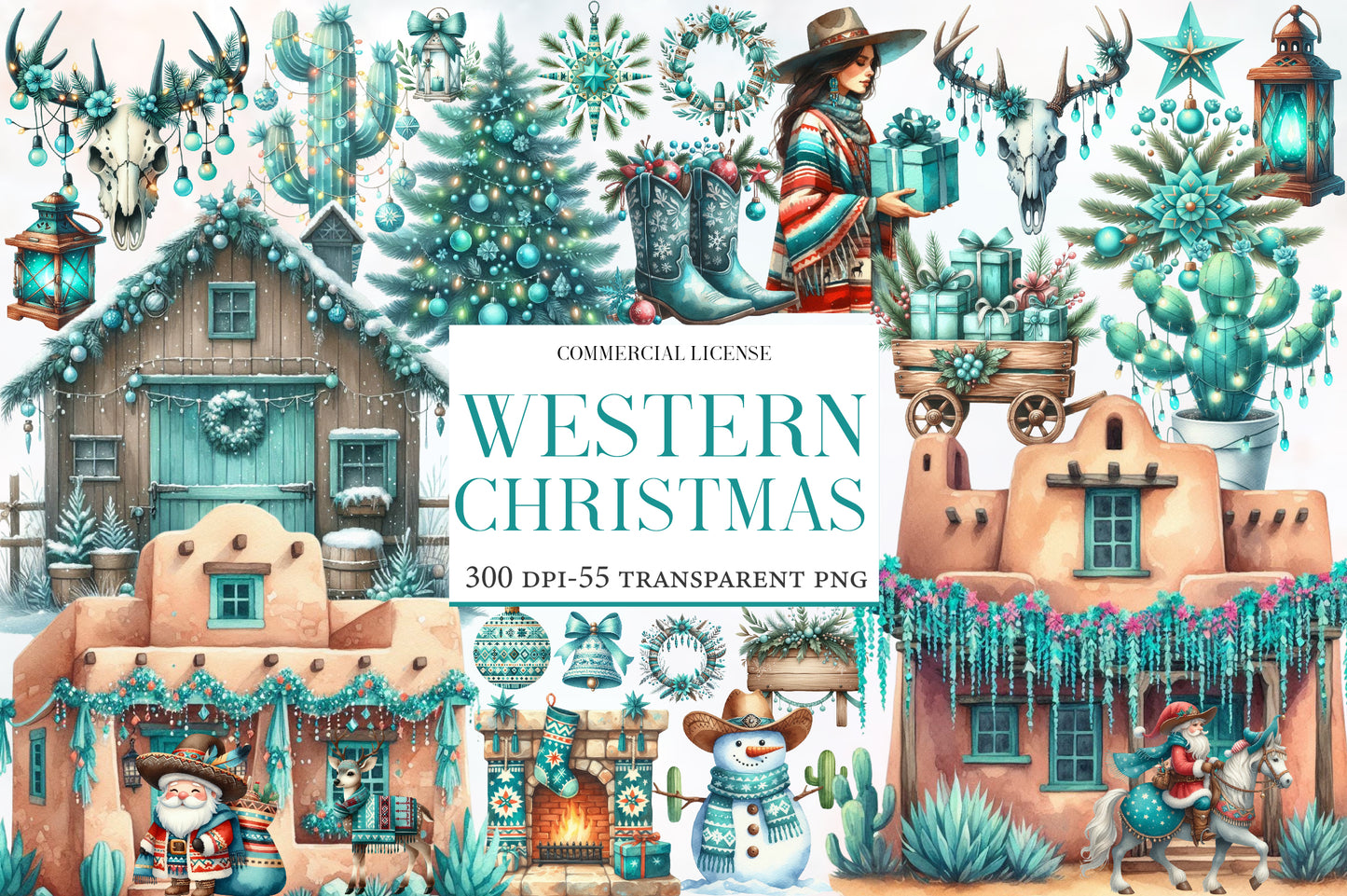 Western Christmas Clipart PNG Bundle | Western Cowboy Christmas Watercolor Clipart | Turquoise Christmas PNG