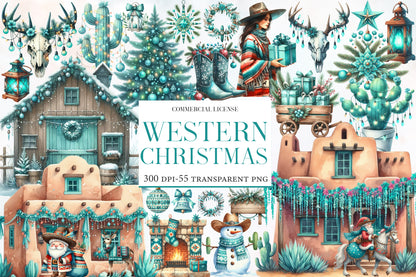 Western Christmas Clipart PNG Bundle | Western Cowboy Christmas Watercolor Clipart | Turquoise Christmas PNG