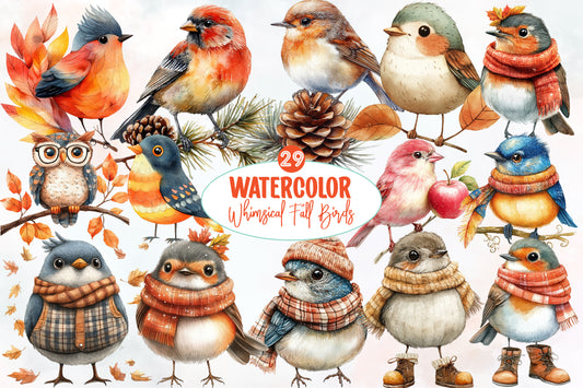 Watercolor Whimsical Fall Birds Clipart Bundle 29 PNG