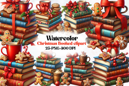 Watercolor Christmas Book Clipart PNG Bundle | Cozy Christmas Books & Gingerbread | Book Lover Sublimation