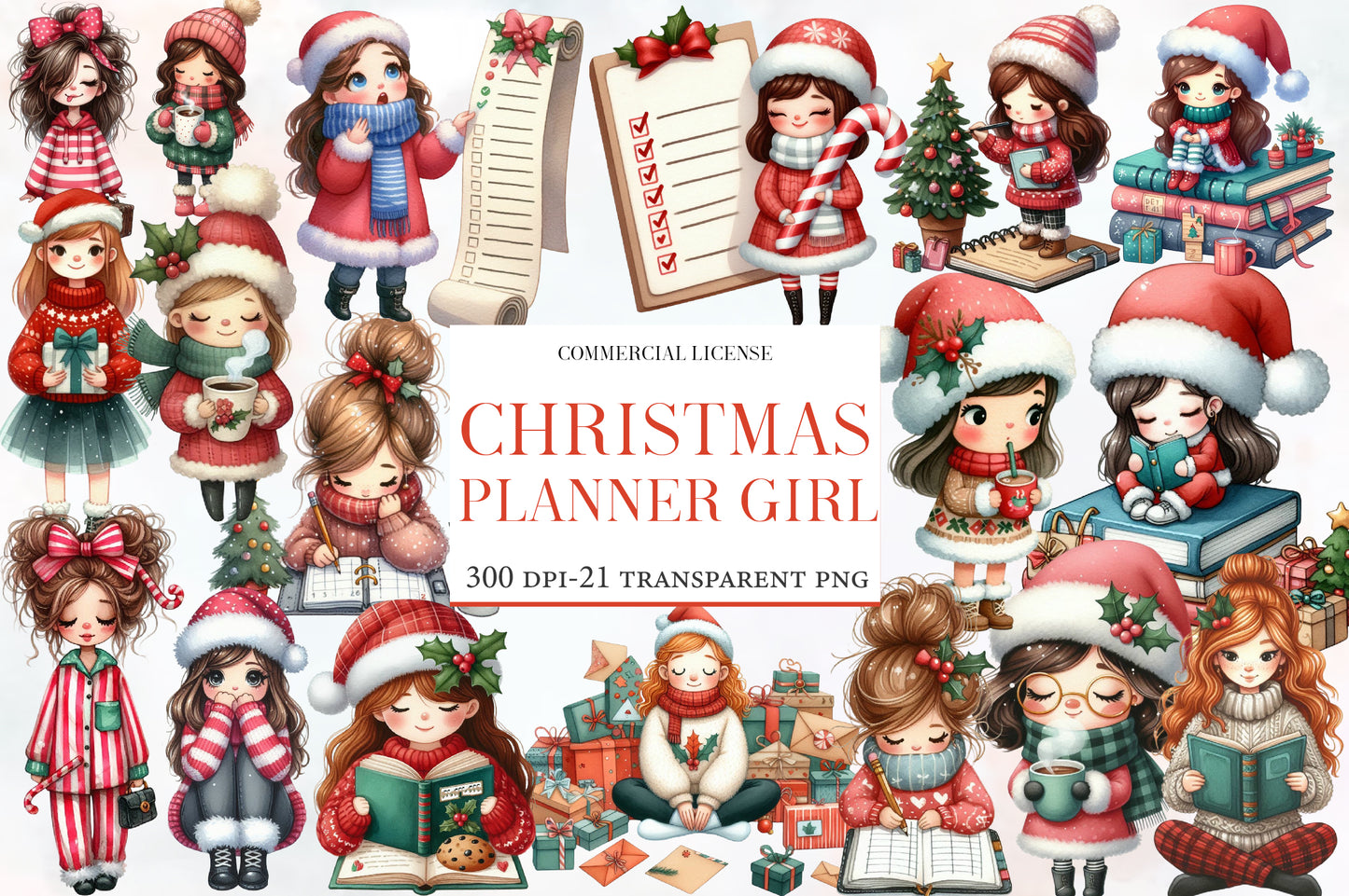 Christmas Planner Girl Watercolor Clipart PNG Bundle | Cute Christmas Planner PNG