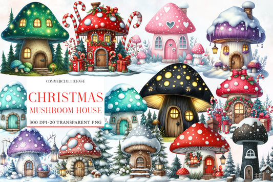 Christmas Mushroom House Clipart PNG Bundle | Watercolor Whimsical Christmas Cottage Clipart | Fantasy Holiday Mushroom House PNG