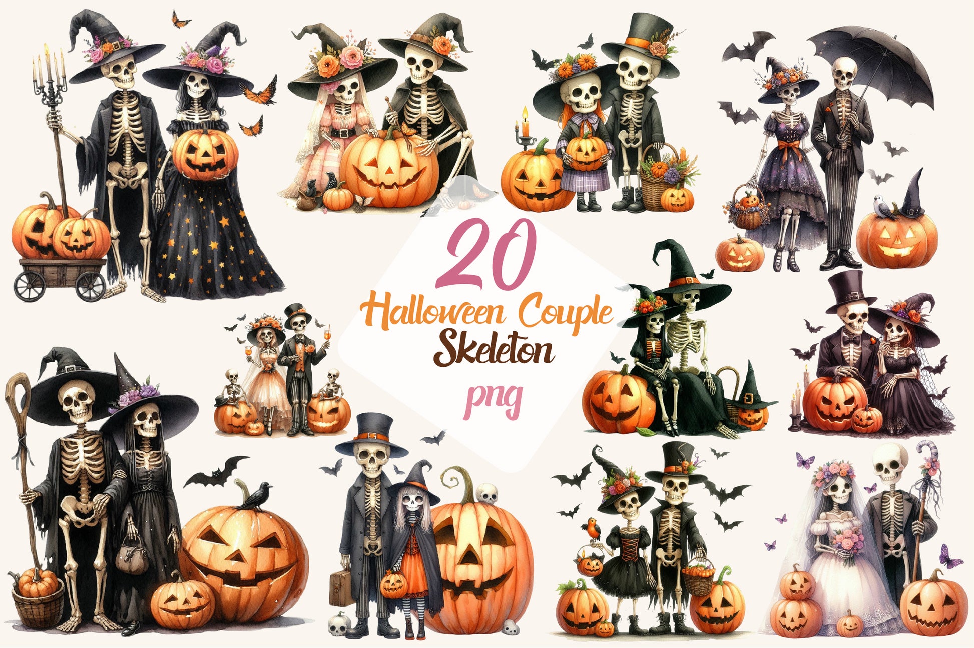 20 Halloween Couple Skeleton PNG Gothic Spooky Romance Pumpkin Clipart