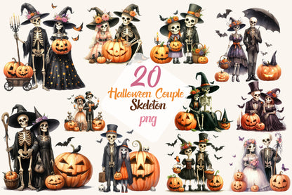 20 Halloween Couple Skeleton PNG Gothic Spooky Romance Pumpkin Clipart
