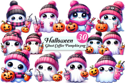 Halloween Ghost Coffee Pumpkin PNG Bundle | Cute Kawaii Ghost, Pumpkin & Coffee Halloween Clipart