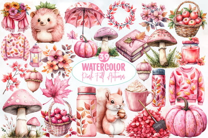 Watercolor Pink Fall Autumn Clipart Bundle 39 PNG